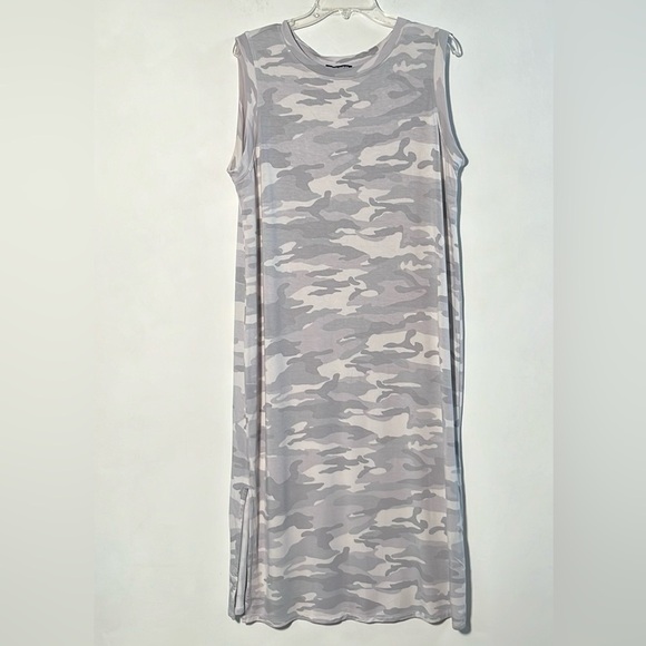 HILARY RADLEY Grey/WHT Camo Crew Side Slit SLVless Beachy Minimal Midi Dress XL - Picture 2 of 16